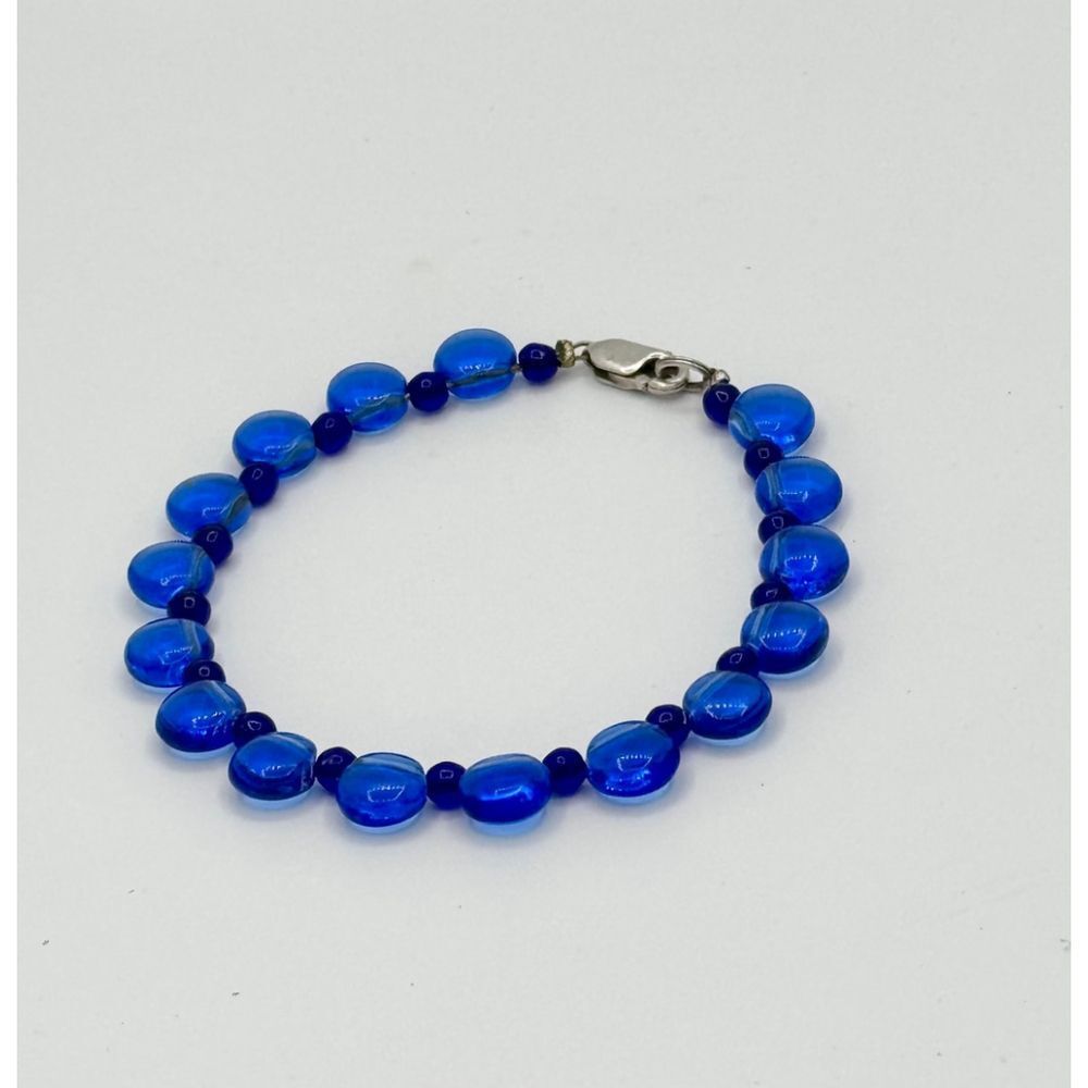 Blue Cat-Eye Glass Bead Bracelet w/ Sterling‎ Clasp